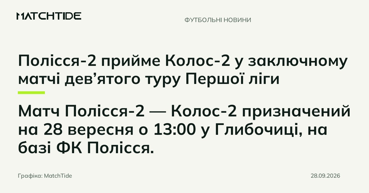 Полісся-2 прийме Колос-2 у заключному матчі дев’ятого туру Першої ліги