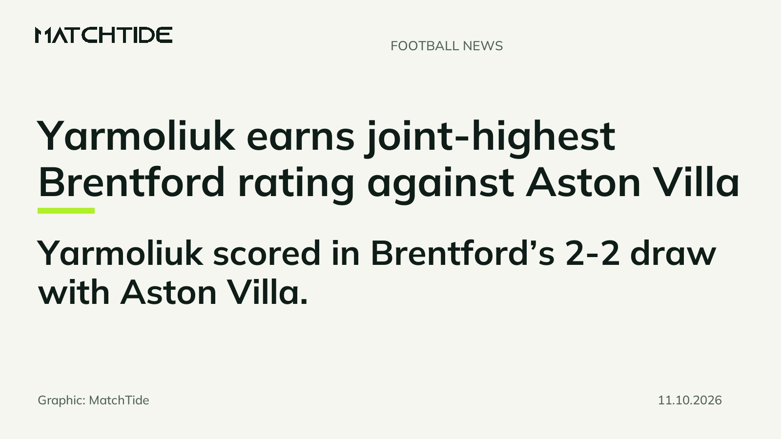 Yarmoliuk earns joint-highest Brentford rating against Aston Villa