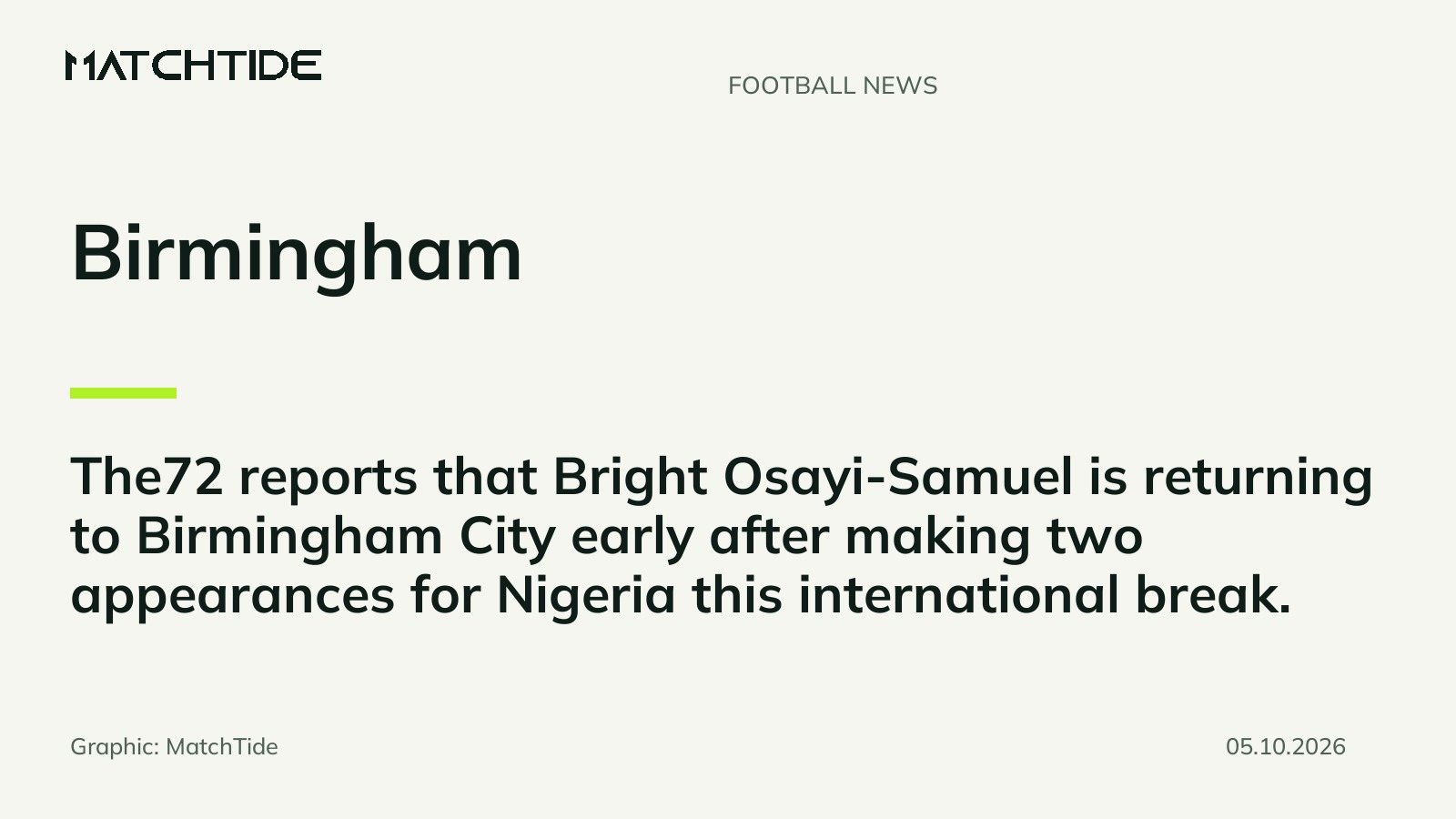 Osayi-Samuel returns early to Birmingham after Nigeria duty, The72 reports