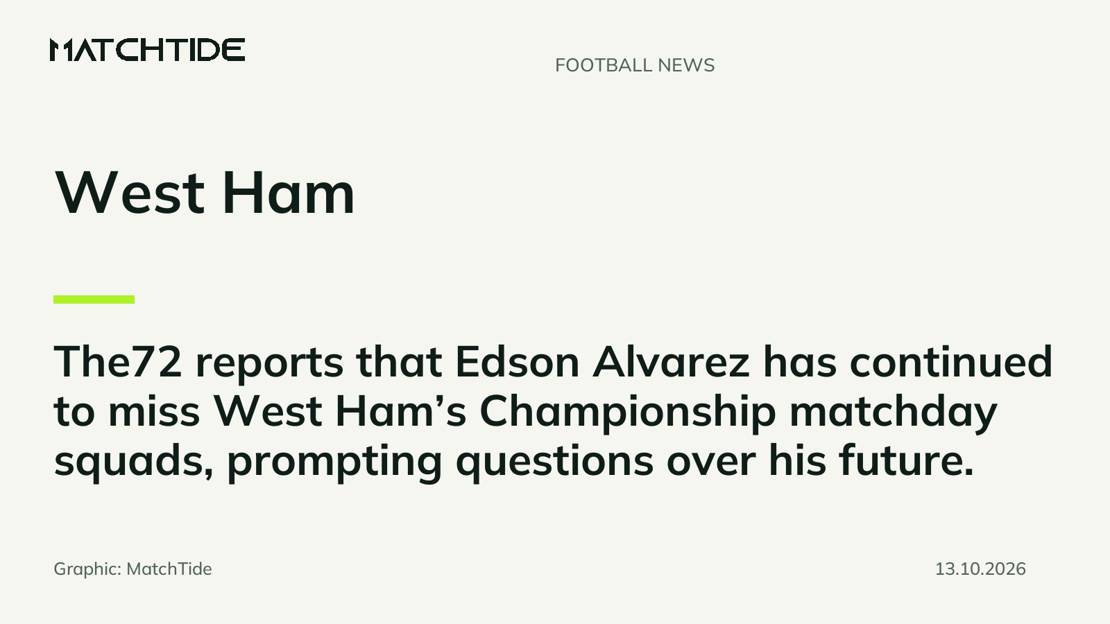 West Ham · The72 reports that Edson Alvarez has continued to miss West Ham’s Championship matchday squads, prompting questions over his future.