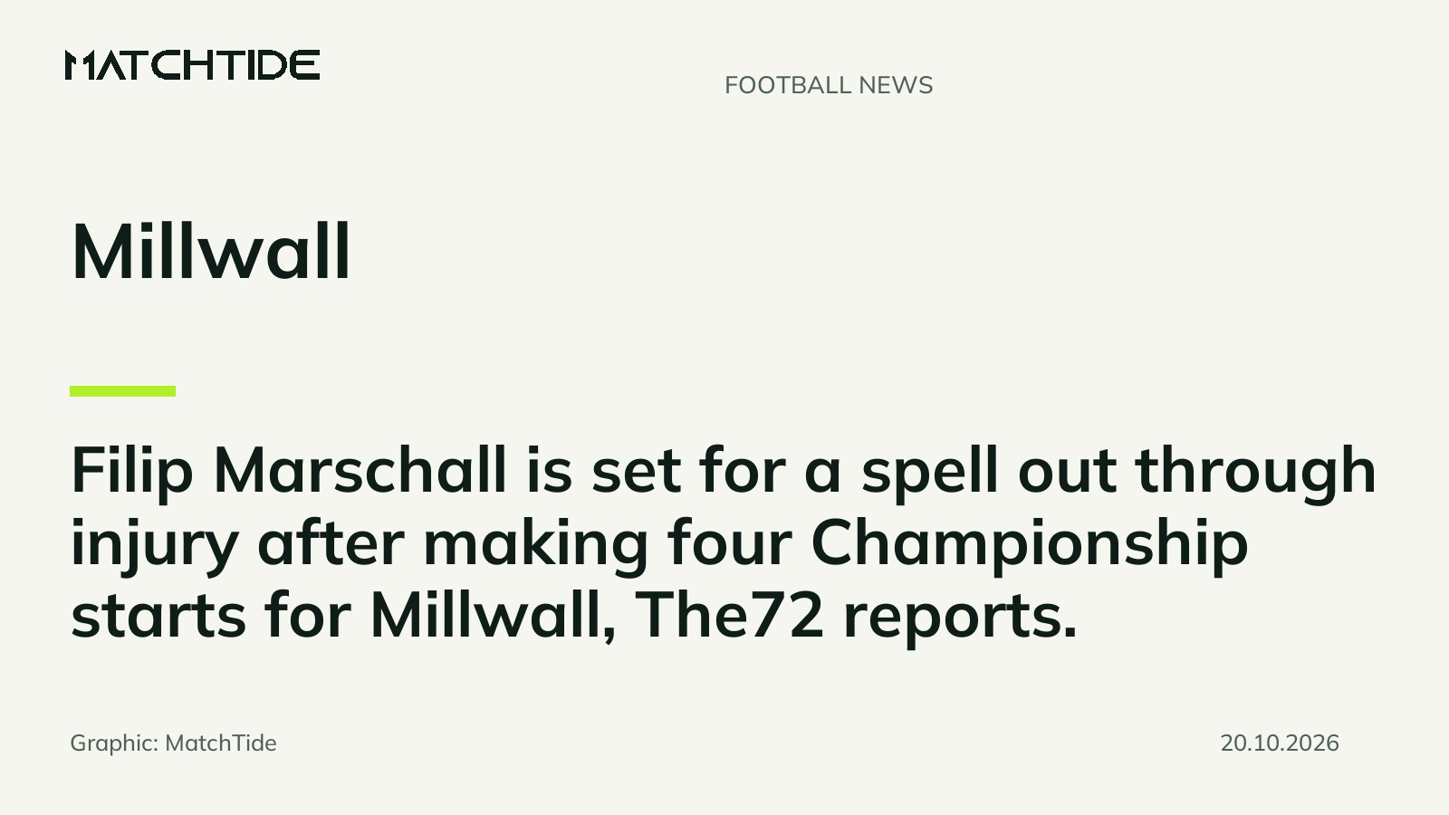 Millwall goalkeeper Filip Marschall set for injury absence