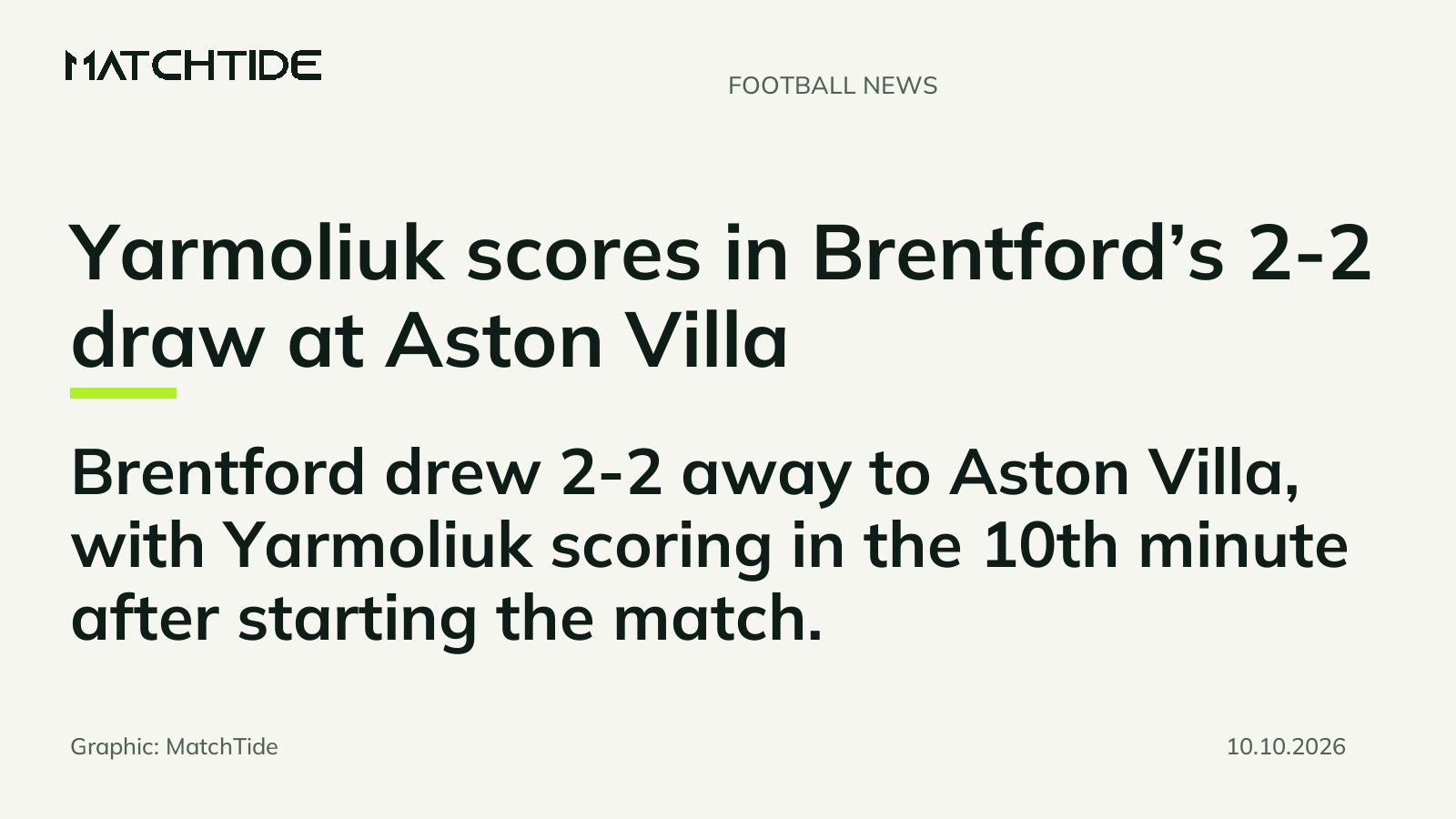 Yarmoliuk scores in Brentford’s 2-2 draw at Aston Villa